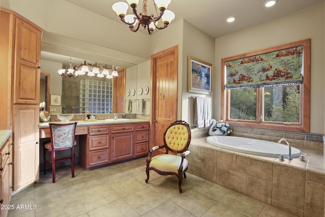 2800 E Morning Glory Cir, Payson, AZ 85541 - full bath featuring a chandelier, vanity, a bath, tile patterned flooring, and recessed lighting