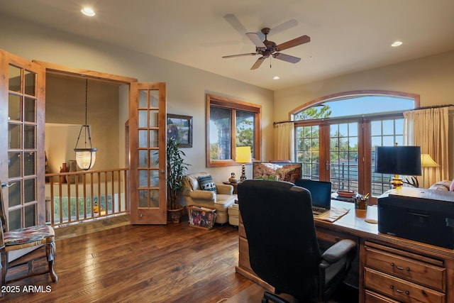 2800 E Morning Glory Cir, Payson, AZ 85541 - office area featuring french doors, ceiling fan, dark wood-style flooring, and recessed lighting