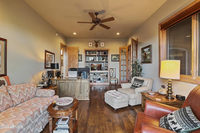 2800 E Morning Glory Cir, Payson, AZ 85541 - living area featuring dark wood-style flooring, a ceiling fan, and recessed lighting