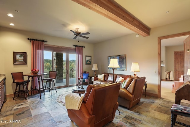 2800 E Morning Glory Cir, Payson, AZ 85541 - living room with stone tile flooring, ceiling fan, baseboards, recessed lighting, and beamed ceiling