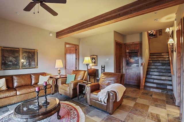 2800 E Morning Glory Cir, Payson, AZ 85541 - living area featuring stone finish flooring, stairway, ceiling fan, and beamed ceiling
