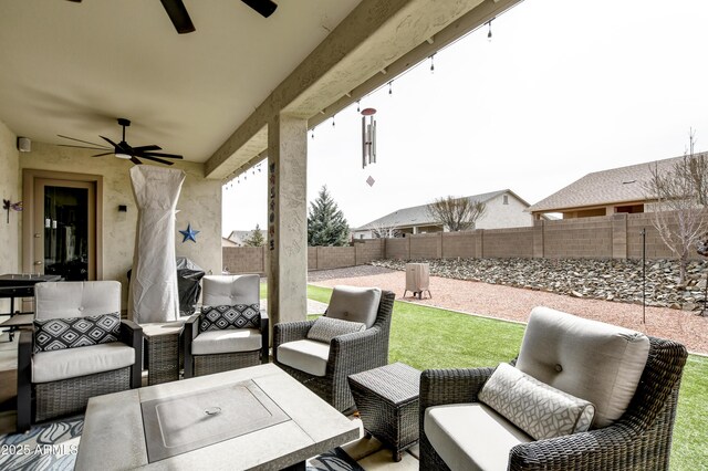 6215 E Sefton Dr, Prescott Valley, AZ 86314 - view of patio with a ceiling fan, a fenced backyard, and outdoor lounge area