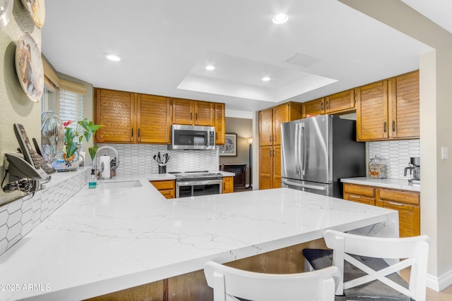 kitchen with appliances with stainless steel finishes, a sink, a peninsula, backsplash, and visible vents