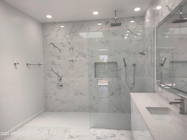 25150 N Windy Walk Dr Unit 14, Scottsdale, AZ 85255 - full bathroom featuring marble finish flooring, a marble finish shower, recessed lighting, and vanity