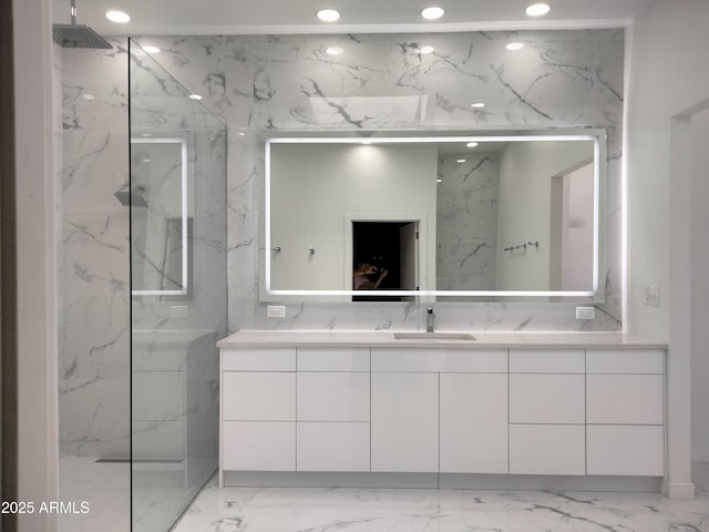 25150 N Windy Walk Dr Unit 14, Scottsdale, AZ 85255 - full bathroom featuring marble finish floors, vanity, a marble finish shower, and recessed lighting