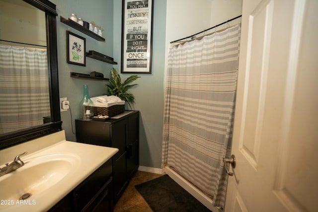 full bath with vanity and a shower with curtain