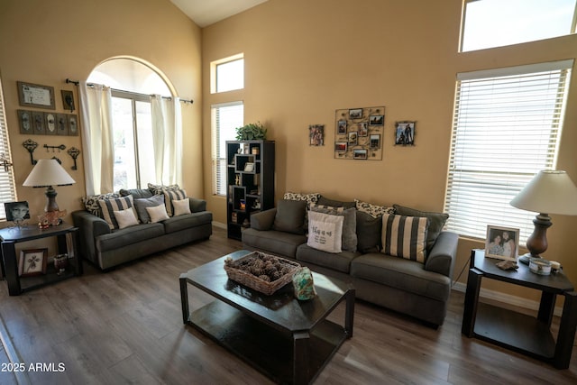 living area featuring dark wood finished floors, a towering ceiling, and baseboards