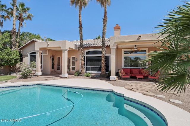 12183 E Mercer Ln, Scottsdale, AZ 85259 - outdoor pool featuring an outdoor living space, a patio area, and a ceiling fan