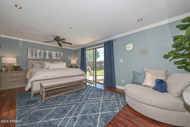 bedroom featuring ceiling fan, dark hardwood / wood-style floors, access to exterior, and crown molding