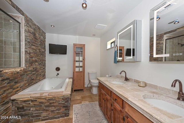 full bathroom with plus walk in shower, vanity, and toilet