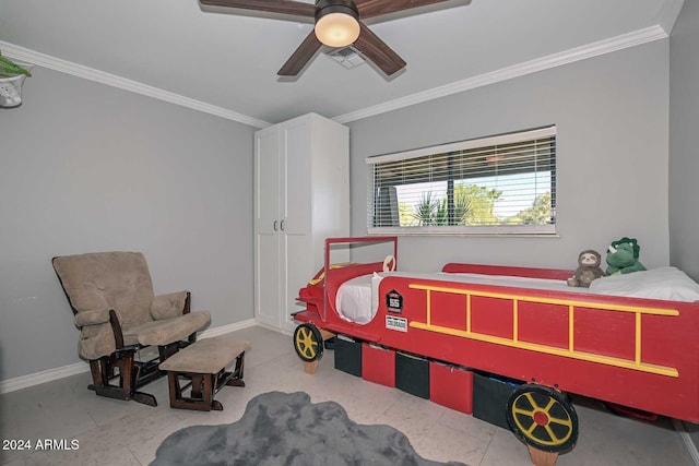 bedroom with tile patterned floors, ceiling fan, and crown molding