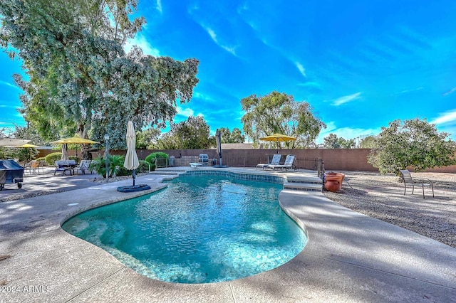 view of swimming pool featuring a patio area