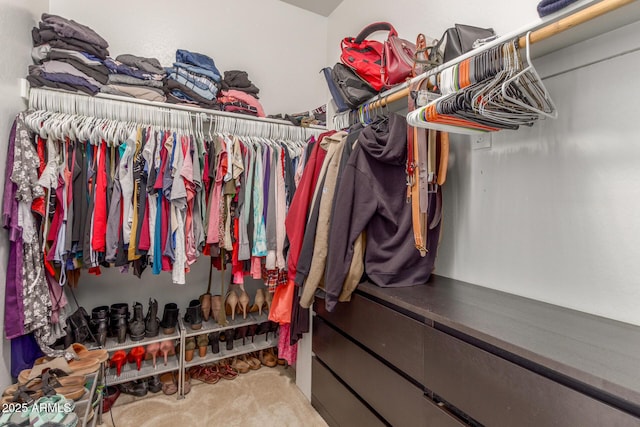 walk in closet with light colored carpet