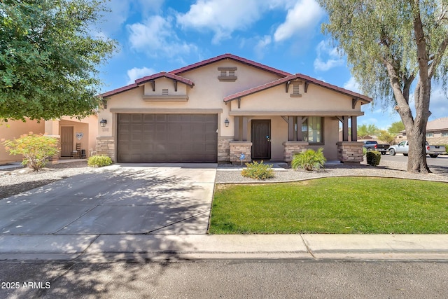 209 E Diamond Trl, San Tan Valley, AZ 85143 - mediterranean / spanish home with stucco siding, stone siding, an attached garage, concrete driveway, and a front lawn