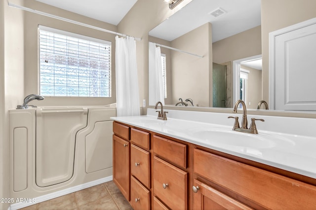 209 E Diamond Trl, San Tan Valley, AZ 85143 - full bathroom with double vanity, a bath, a shower with curtain, and tile patterned floors