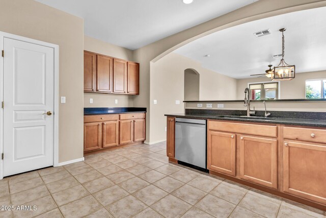 209 E Diamond Trl, San Tan Valley, AZ 85143 - kitchen with stainless steel dishwasher, a sink, arched walkways, hanging light fixtures, and ceiling fan