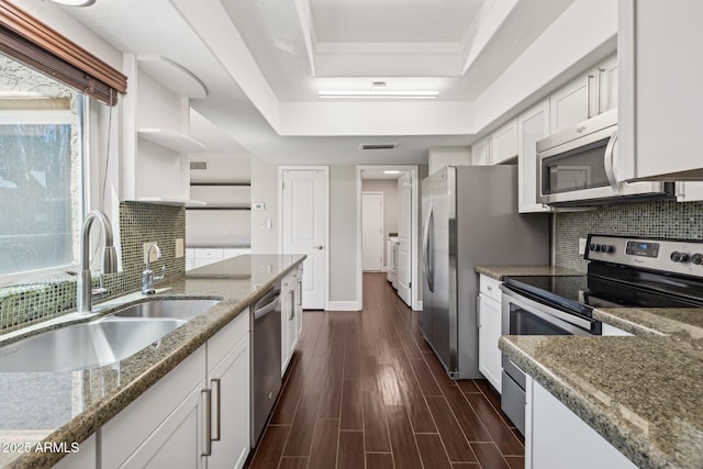 18548 E Parada Cir, Rio Verde, AZ 85263 - kitchen featuring stainless steel appliances, white cabinets, a sink, and a raised ceiling