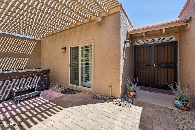 18548 E Parada Cir, Rio Verde, AZ 85263 - entrance to property with a pergola, a patio, stucco siding, and a tiled roof