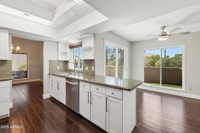 18548 E Parada Cir, Rio Verde, AZ 85263 - kitchen with baseboards, open shelves, white cabinets, a sink, and stainless steel dishwasher
