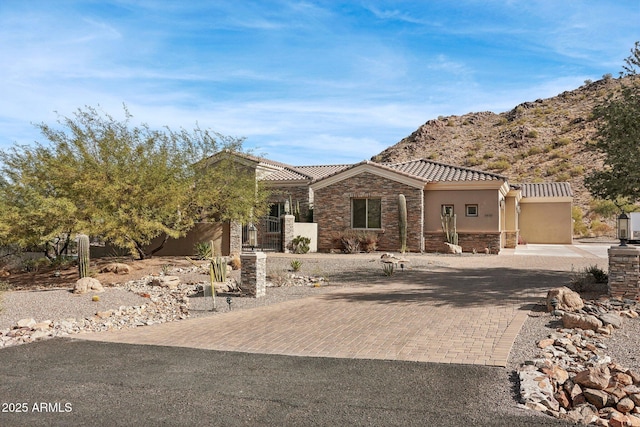 view of front facade featuring a mountain view