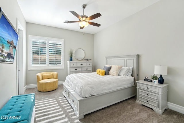 bedroom with light colored carpet and ceiling fan