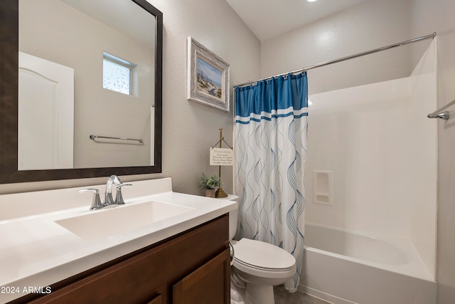 full bathroom featuring vanity, toilet, and shower / tub combo with curtain