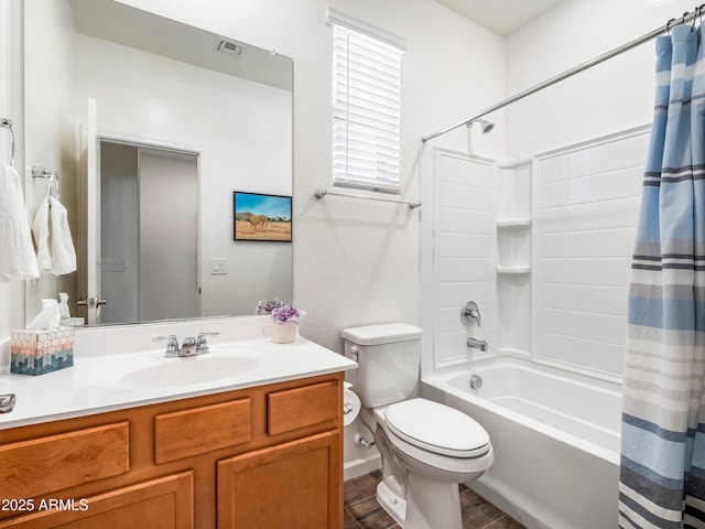 7648 S Thimble Peak, Gold Canyon, AZ 85118 - full bathroom with wood finished floors, shower / bath combination with curtain, vanity, and toilet