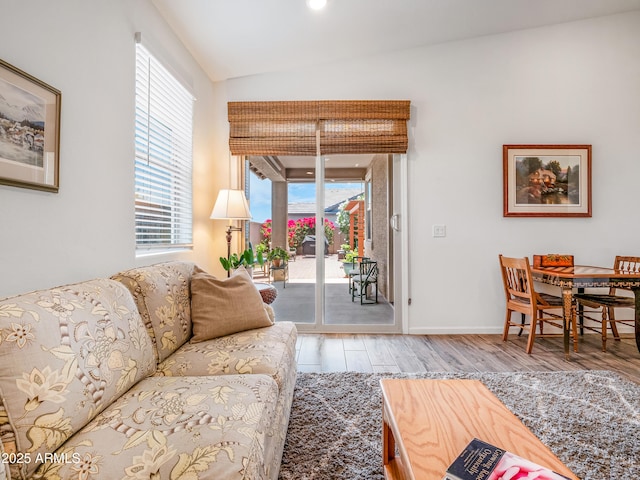 7648 S Thimble Peak, Gold Canyon, AZ 85118 - living room featuring wood finished floors, vaulted ceiling, and baseboards