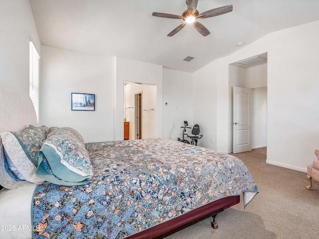 7648 S Thimble Peak, Gold Canyon, AZ 85118 - carpeted bedroom featuring vaulted ceiling, ceiling fan, baseboards, and ensuite bathroom