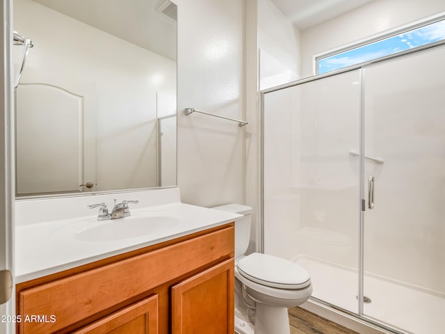 7648 S Thimble Peak, Gold Canyon, AZ 85118 - bathroom with a shower stall, vanity, toilet, and wood finished floors