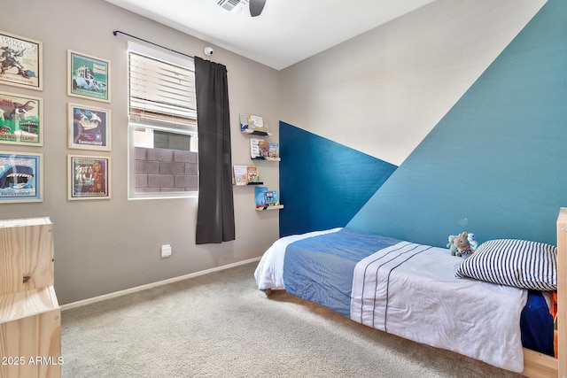 bedroom featuring visible vents, carpet, baseboards, and ceiling fan