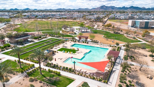 bird's eye view featuring a mountain view and a residential view