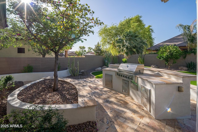 view of patio with area for grilling, an outdoor kitchen, and a fenced backyard