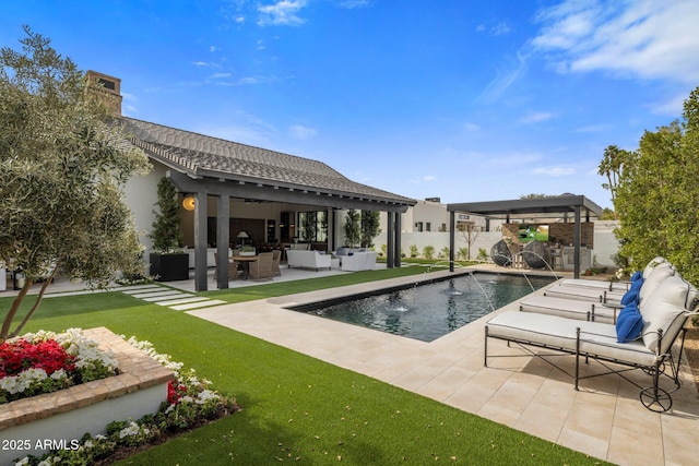 view of pool with an outdoor hangout area, a gazebo, a patio area, and a fenced in pool