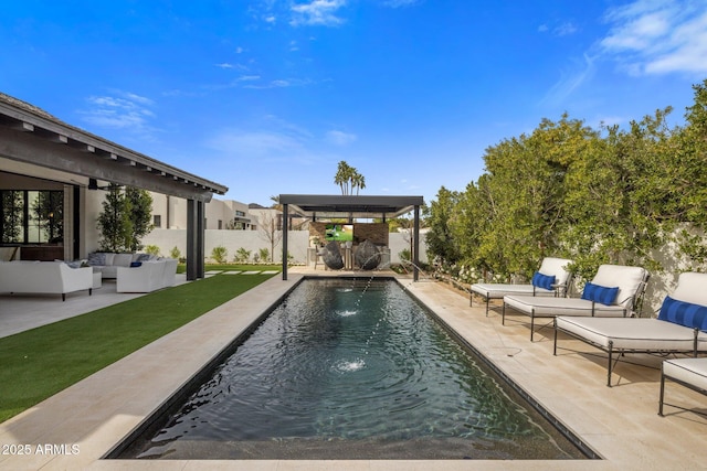 view of swimming pool featuring a patio area, a fenced backyard, an outdoor hangout area, and a fenced in pool