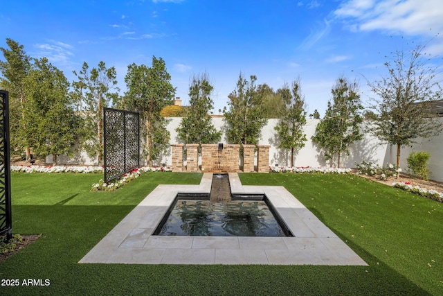 view of yard with a fenced backyard and a patio