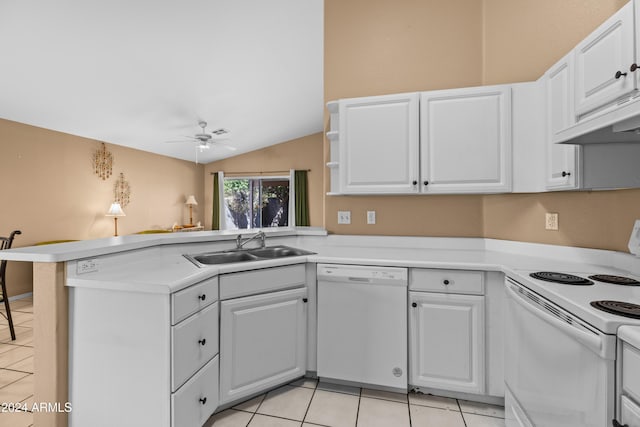 kitchen with kitchen peninsula, white cabinetry, and white appliances