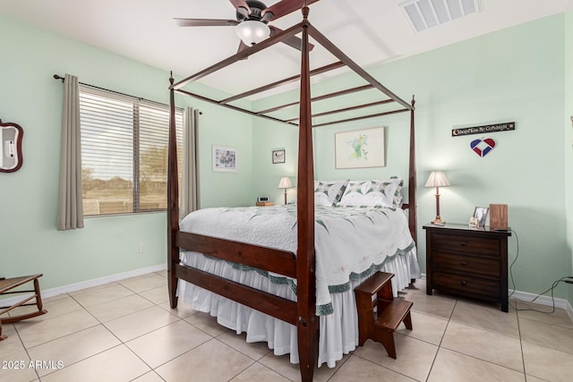 bedroom featuring ceiling fan and light tile patterned floors