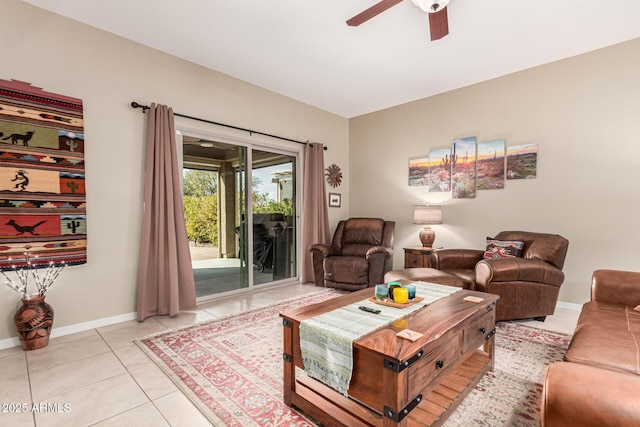 tiled living room featuring ceiling fan