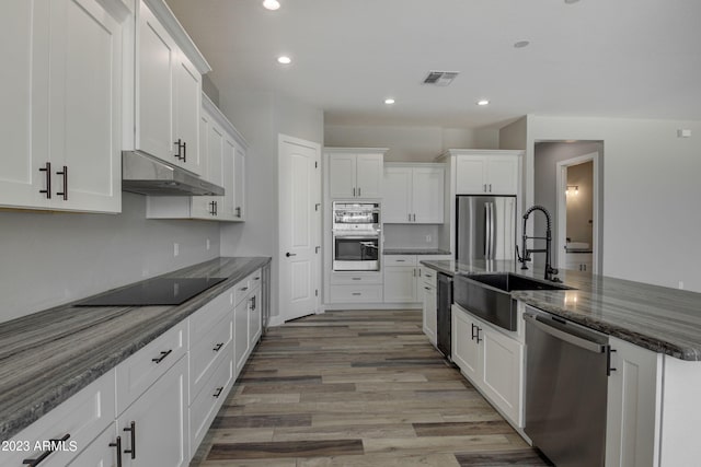 3785 W Silverdale Rd, Queen Creek, AZ 85144 - kitchen featuring dark stone counters, stainless steel appliances, light wood-type flooring, and white cabinetry