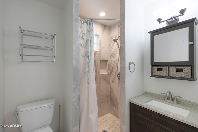 bathroom featuring a shower stall, toilet, and vanity