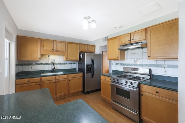 kitchen with dark countertops, visible vents, appliances with stainless steel finishes, a sink, and under cabinet range hood