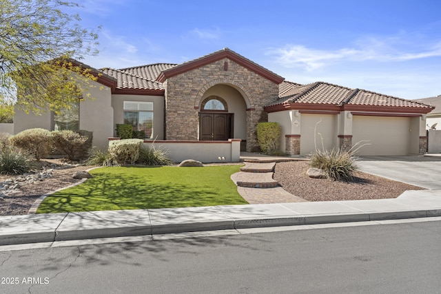 mediterranean / spanish-style home with a garage, driveway, stone siding, a tiled roof, and stucco siding