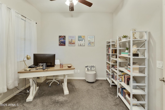 office featuring carpet flooring and ceiling fan