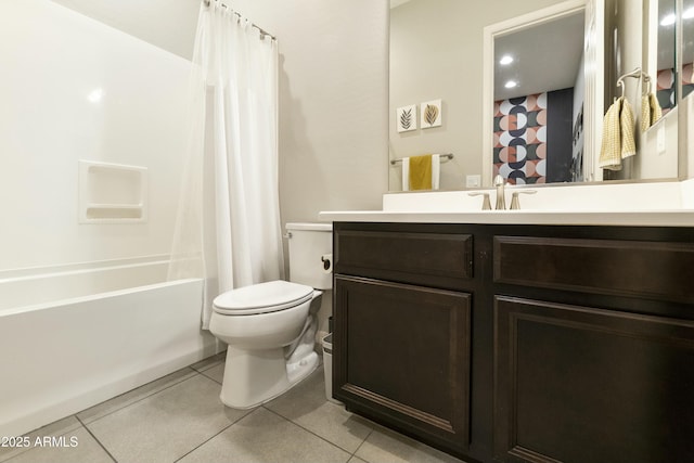 full bathroom with tile patterned flooring, shower / bath combination with curtain, toilet, and vanity