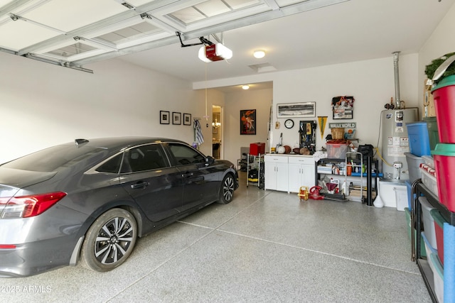 garage with a garage door opener and water heater