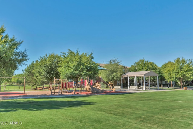 view of jungle gym with a lawn