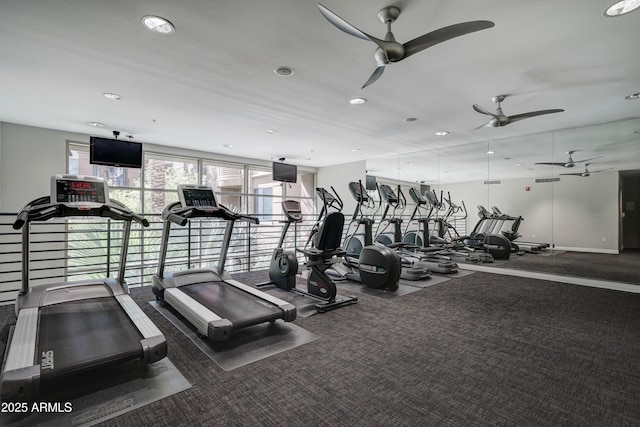 workout area featuring a ceiling fan and recessed lighting