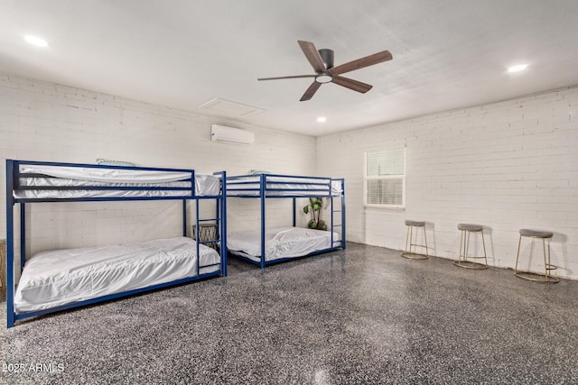 unfurnished bedroom featuring brick wall, an AC wall unit, and ceiling fan