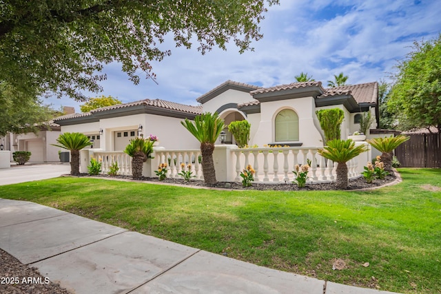 4711 E Buckboard Ct, Gilbert, AZ 85297 - mediterranean / spanish home featuring stucco siding, a garage, a tiled roof, and driveway